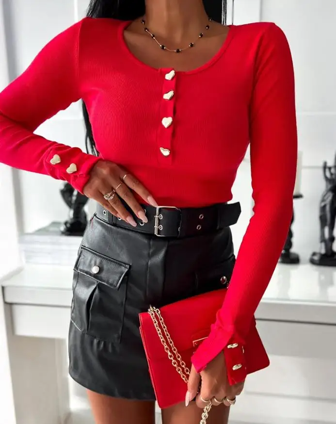 Top Frauen 2025, Frühling Herbst Neue Einfarbig Square Neck Langarm Halb Herz Taste T Slim Fit Casual Rippen Schichtung Top