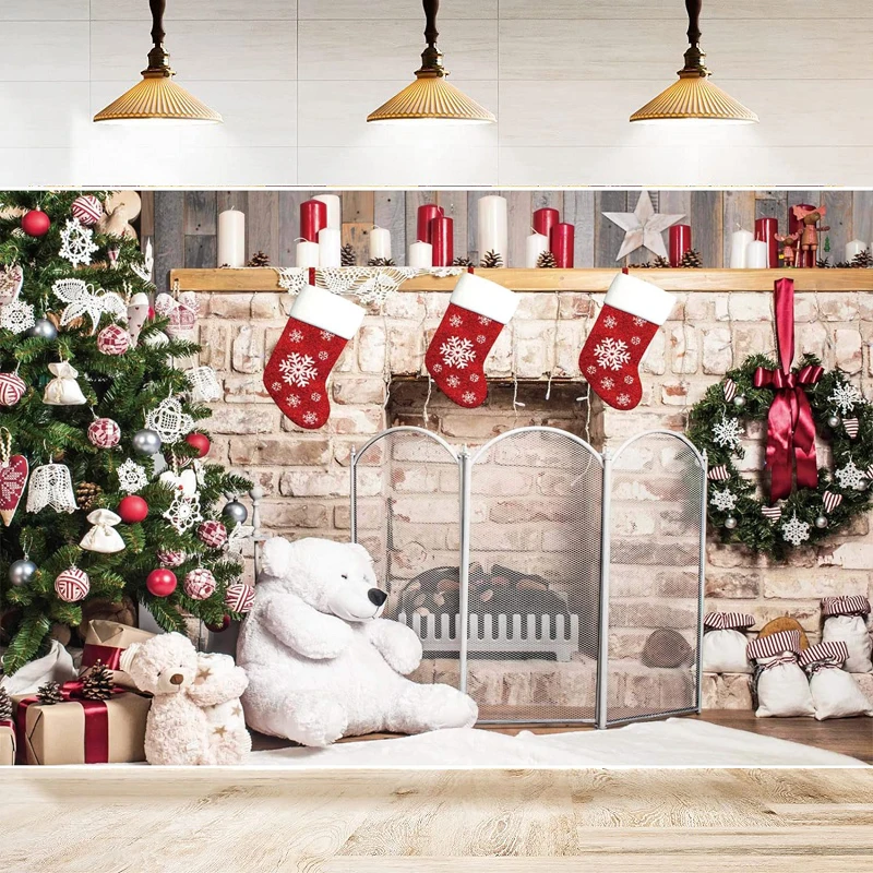 Christmas Fireplace Photography Backdrop For Xmas Tree Sock Gift for Family Background Party Backdrop Wall Banner Decor Poster