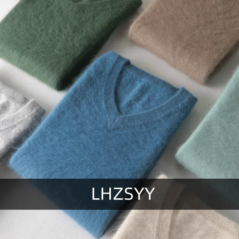 LHZSYY Męskie swetry w dużych rozmiarach ze 100% norek i kaszmiru Jesień Zima Solidny dekolt w szpic Casualowe swetry z dzianiny Mężczyźni Ciepły sweter z długim rękawem