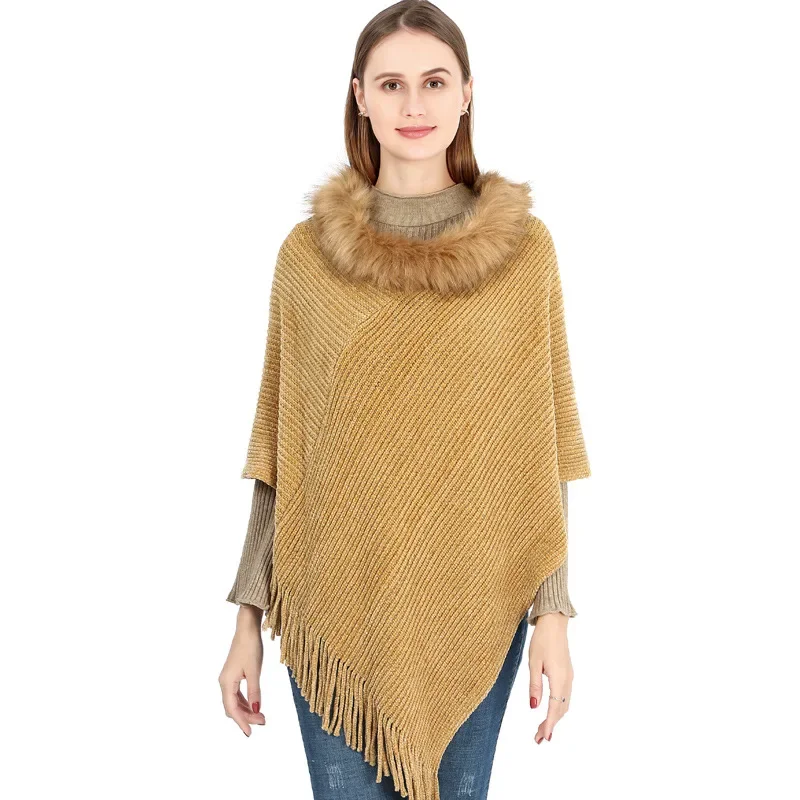 Autumn Winter Women Triangle Long Capes Poncho Tassel Knitwear Faux Fur Warm O Neck Outstreet Pullover Loose Knitted Shawl Coat