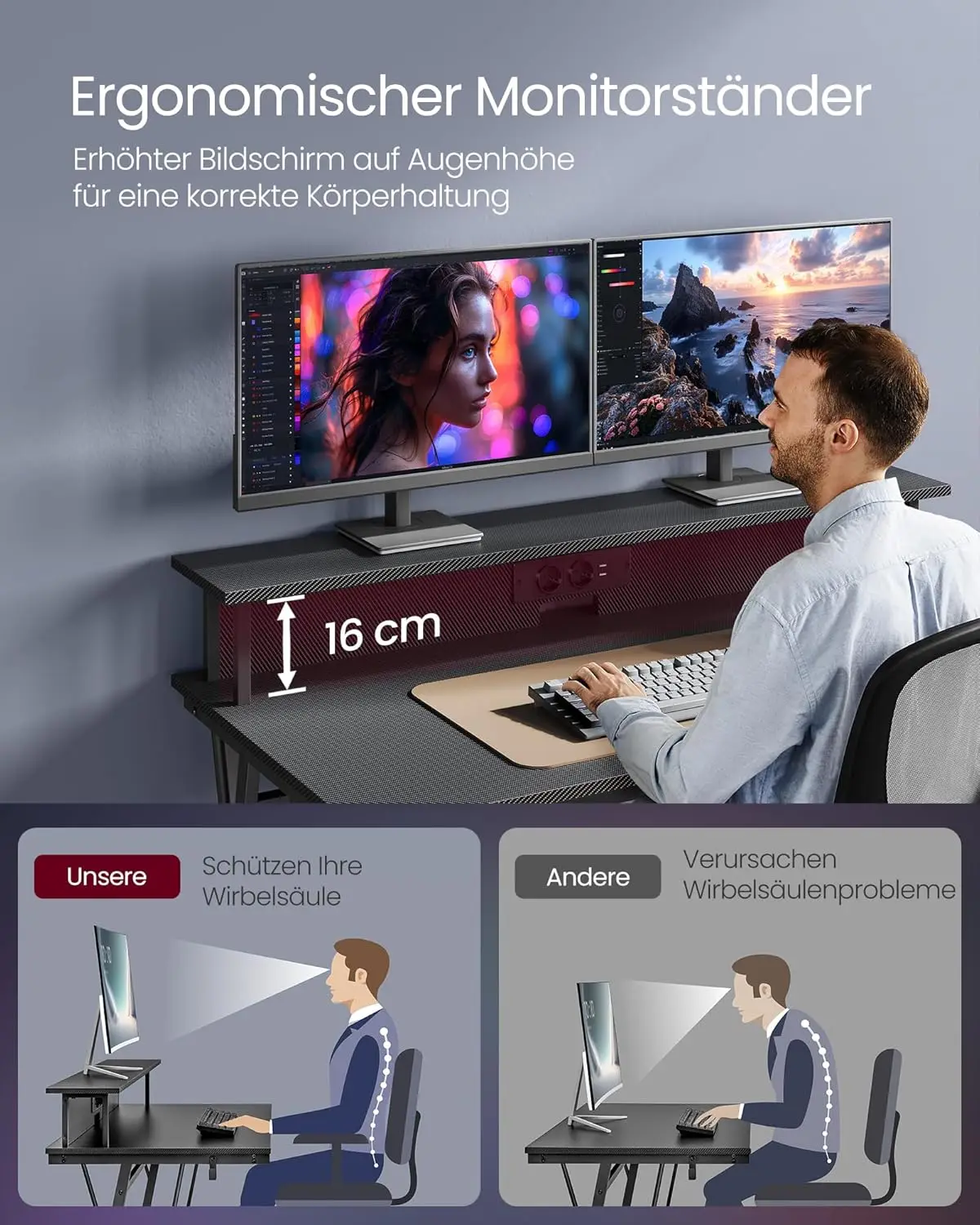 VASAGLE Schreibtisch, mit eingebauter Steckdosenleiste,LED-Beleuchtung