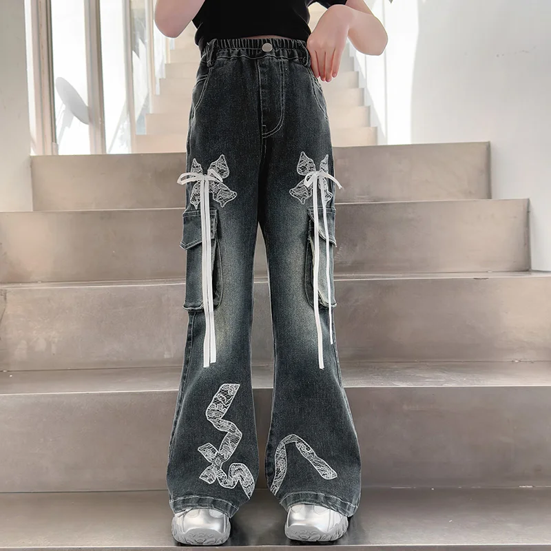 

Hip Hop Street Design Children Bootcut Flare Jeans for Girls with Bows Kids Fashion Style Boot Cut Denim Pants 5 6 8 10 12 13 14