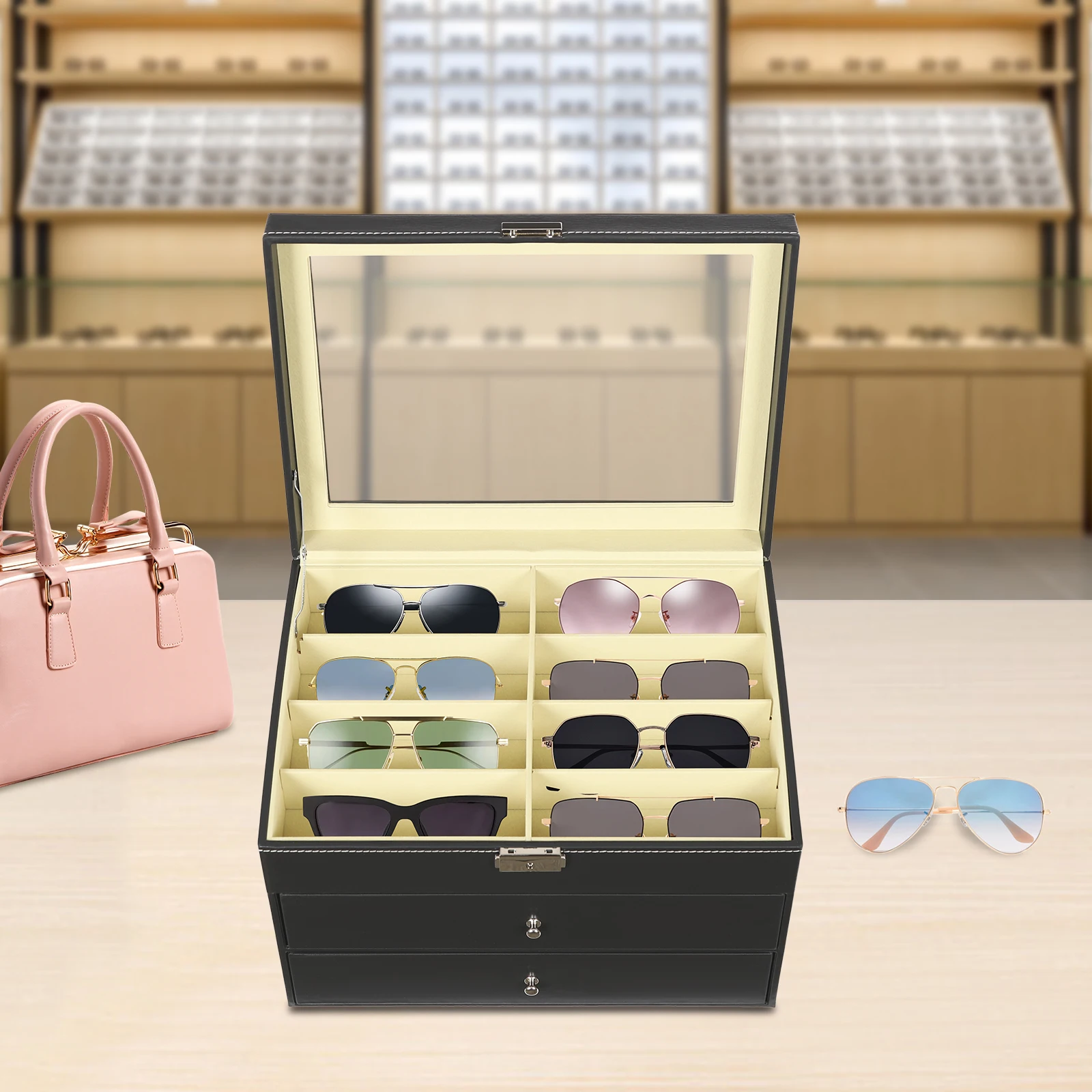 3 Layers Organizer Leather with Drawer 24 Slots Glasses Box Sunglass Glasses Display Drawer Sunglass Organize Box