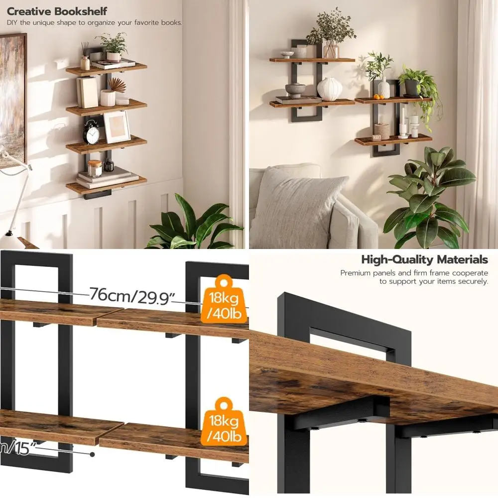 

Set of 2, 15 Rustic Floating Wall Shelves, 2-Tier Storage for Home, Kitchen, and Bath