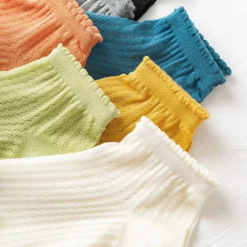 1/3/5/10/15 Pairs Random Womens Solid Hollow Mesh Ruffle Trim Short Socks, Soft Breathable Casual All-Match Comfort Ankle Socks