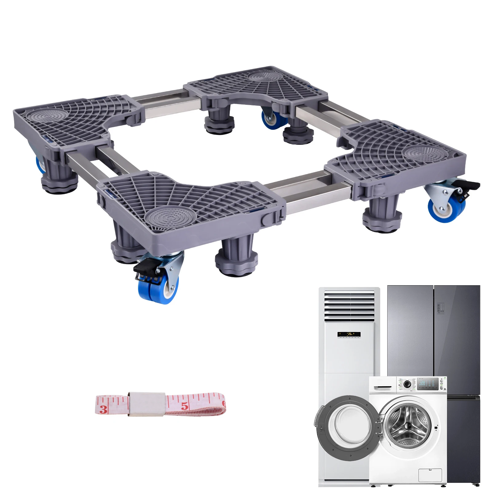 Gray reinforced double tube 8-leg 4-wheel mobile model with adjustable width 52-66cm washing machine base bracket storage rack