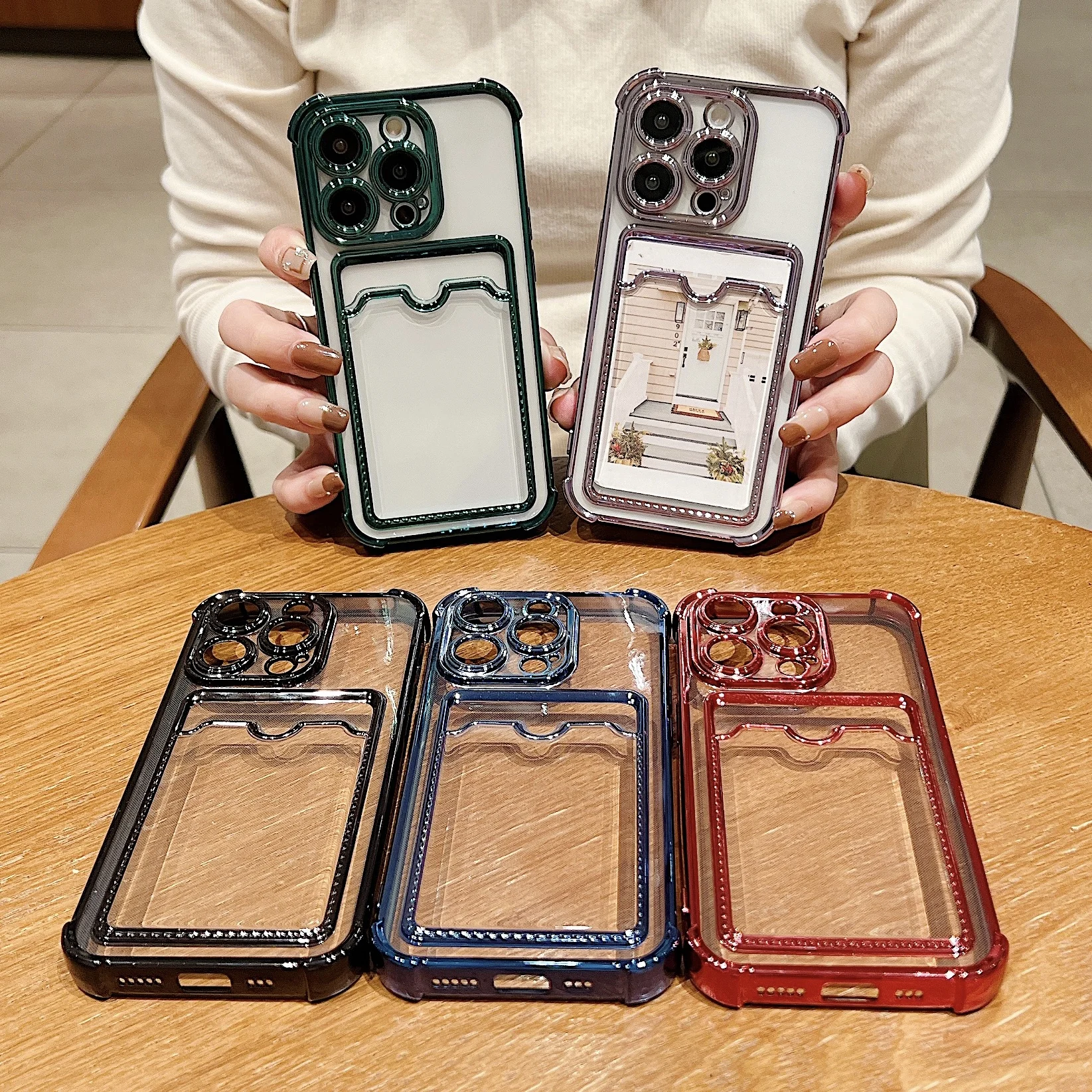 Luxury Plating Transparent Wallet Card Holder Phone Case For iPhone  15 14 13 12 11 Pro Max Plus Card Slot Shockproof Soft Cover image 3