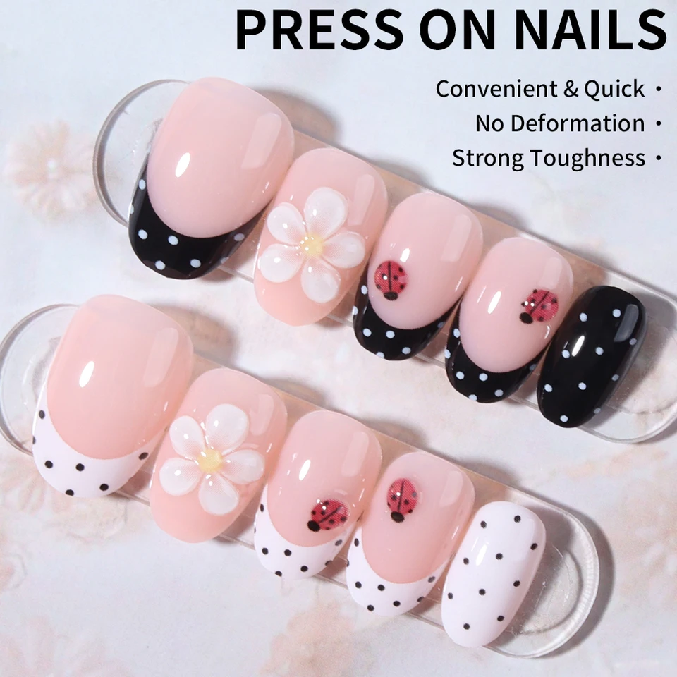 Set de 24 uñas postizas cortas ovaladas con diseño 3D de flores, mariquitas y lunares, punta francesa, acrílicas, incluye 1 gel 2