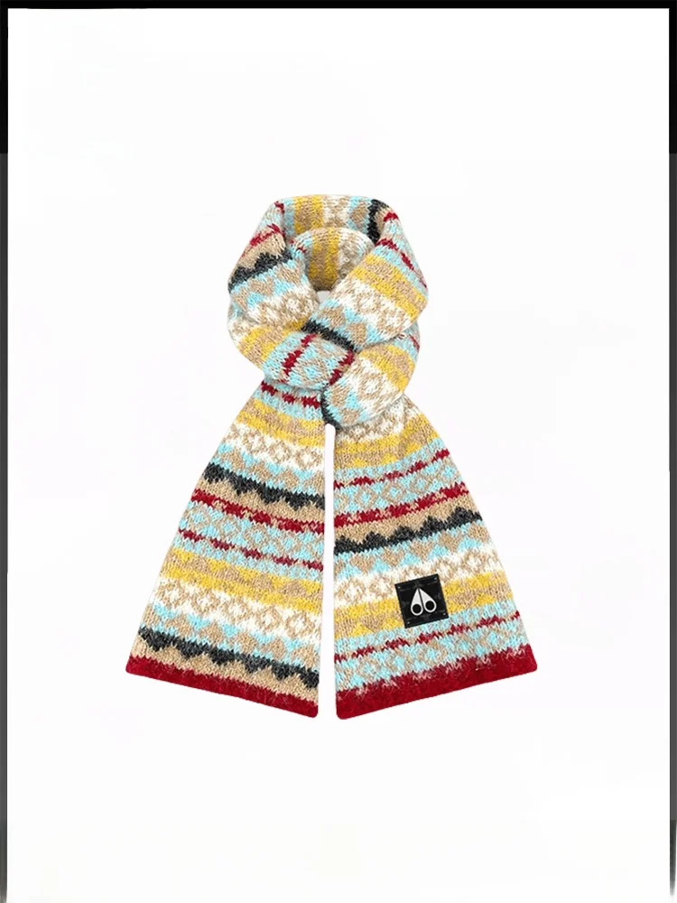 ムースキングシップ 2024 新ヴィンテージ刺繍カラーブロックニットスカーフ女性暖かいカレッジスタイルトレンディなスカーフファッションアクセサリー