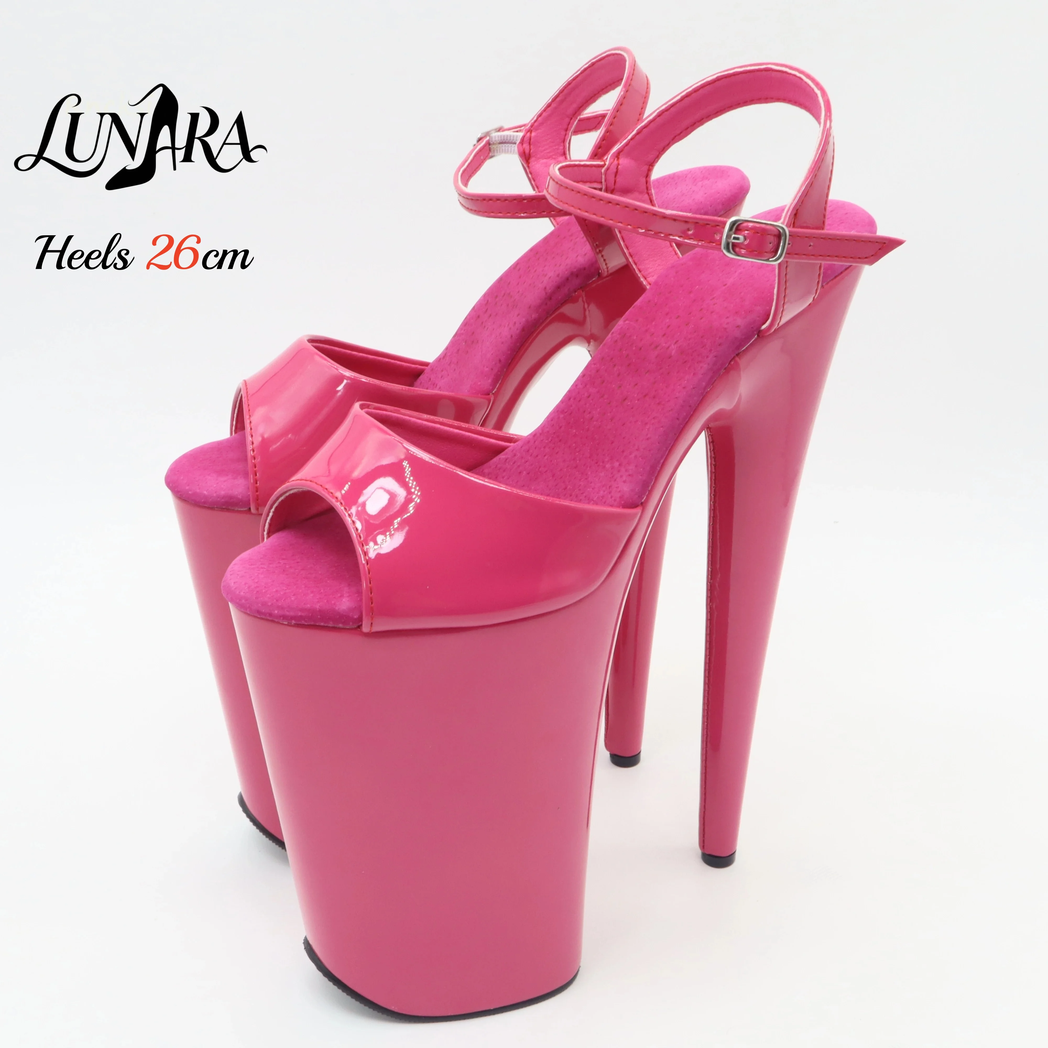 26cm/10Inch Hot Pink Patent Extreme High Heel Sandals Ankle Buckle Open Toe Sexy Nightclub Stage Performance Non-slip Ladies