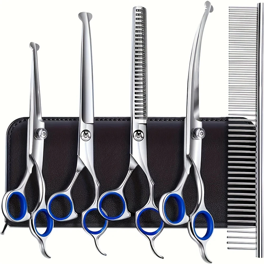 7-teiliges Haustierpflegeset mit 4 Arten von Scheren, ergonomisches Design für Hunde und Katzen, Haarschneiden, Styling, Detailbearbeitung