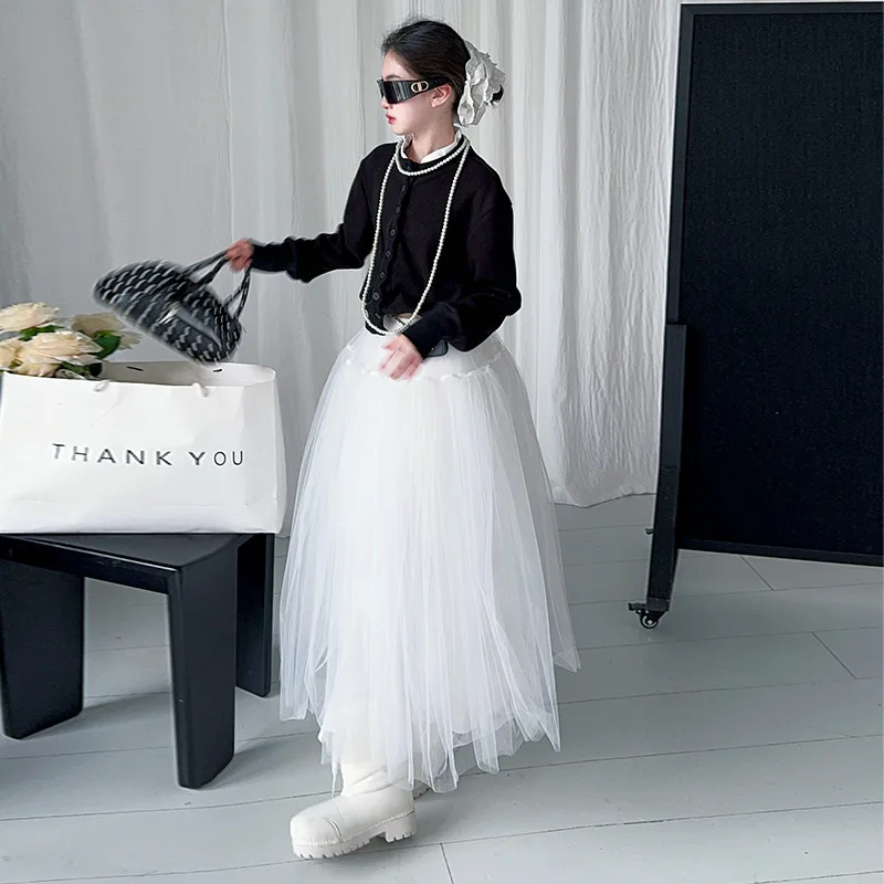 

Korean Autumn Junior Girl 2pcs Outfit Children Girl Single-breasted Knitted Sweater Kids Girl Mesh Princess Skirt 4-14Y Girl Set
