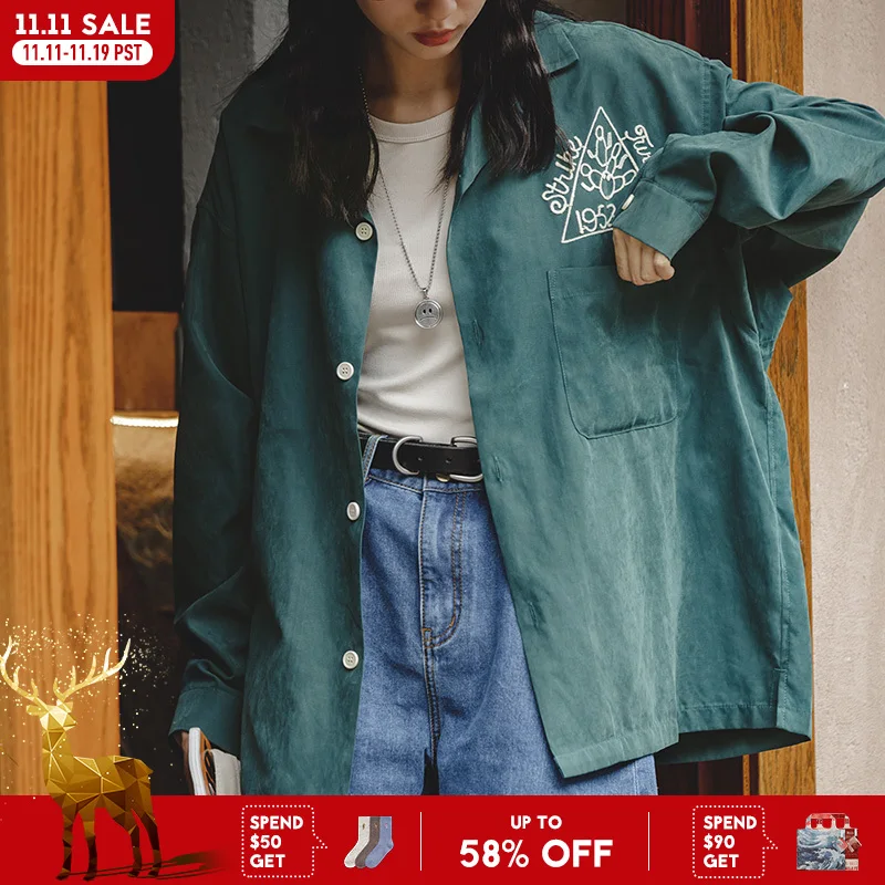 

Женская винтажная рубашка-боулинг Maden, темно-зеленая блузка с вышивкой, свободная блузка с отворотом, роскошные повседневные рубашки большого размера