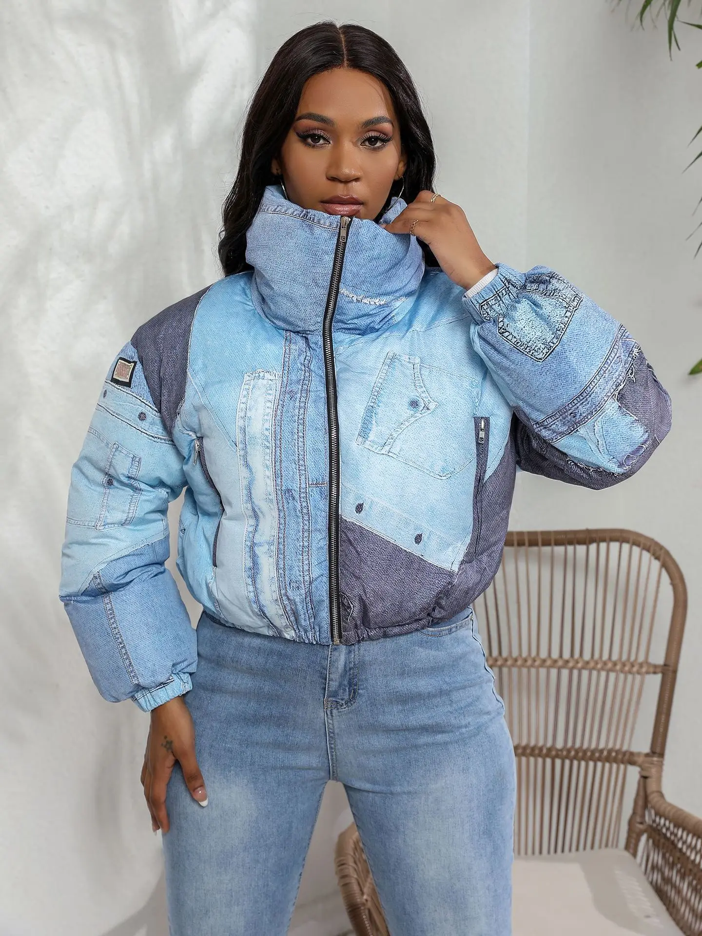 

Women Winter Jacket Denim 3d Print Zipper Crop Puffer Jacket Parkas Fashion Warm Thick Down Turtleneck Zipper Cotton Bread Coats