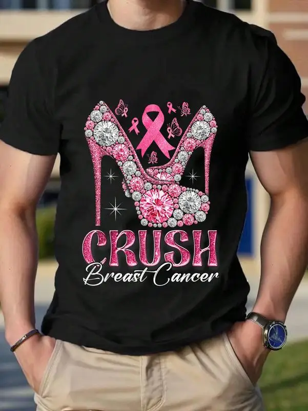 

100% Cotton Unisex Crush Breast Cancer Awareness Bling Pink Ribbon High Heel Graphic Tee for Men & Women Everyday Wear