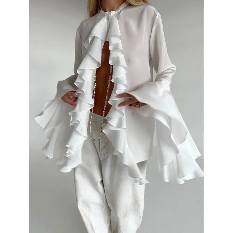 Elegant Long Sleeve Shirt Women's Open Cardigan Style Design Sensation Lotus Leaf  Autumn Winter New Arrival Fashionable Top