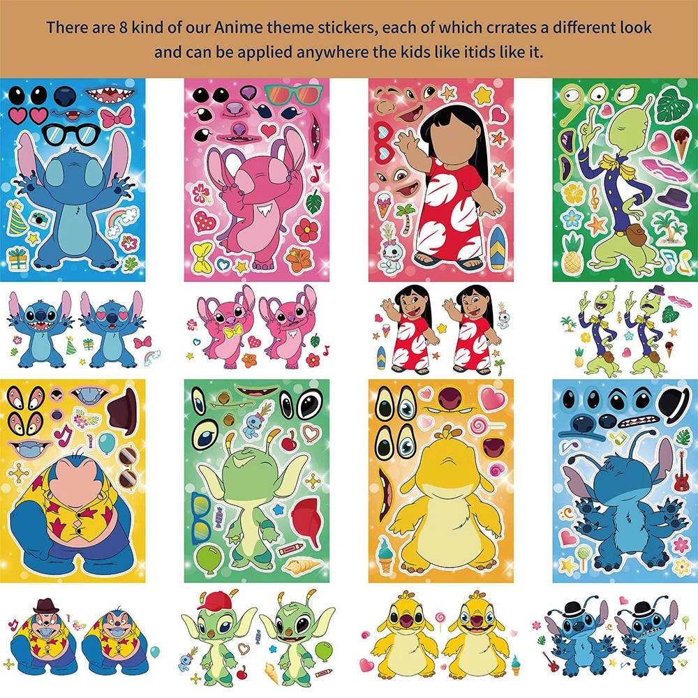 8/16Sheets Disney Lilo & Stitch Cartoon Children Puzzle Stickers Make a Face Funny Assemble Jigsaw Kids Decoration Sticker Gift