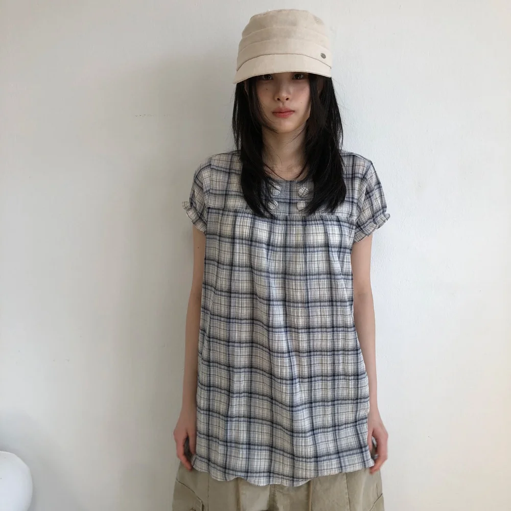 

Summer Vintage Casual Y2K T Shirt Women's Short Sleeve O-Neck Button Pullover Top Plaid Elegant Chic Loose Shirt Street Style