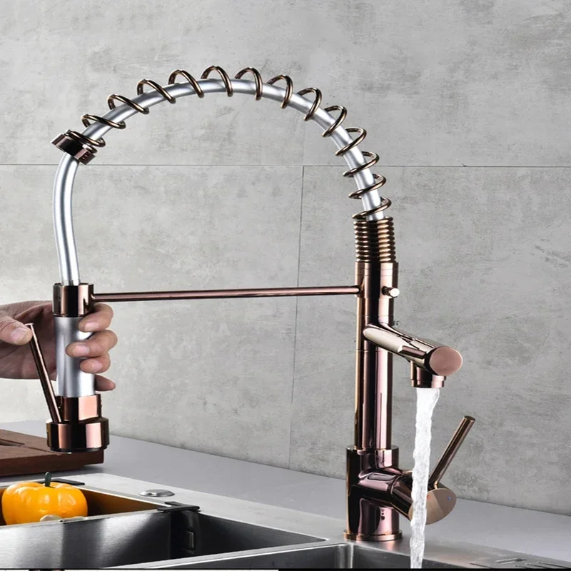 Chrome Spring Kitchen Faucet Pull-Down Dual Spouts 360° Swivel Handheld Sprayer Hot and Cold Kitchen Mixer Tap