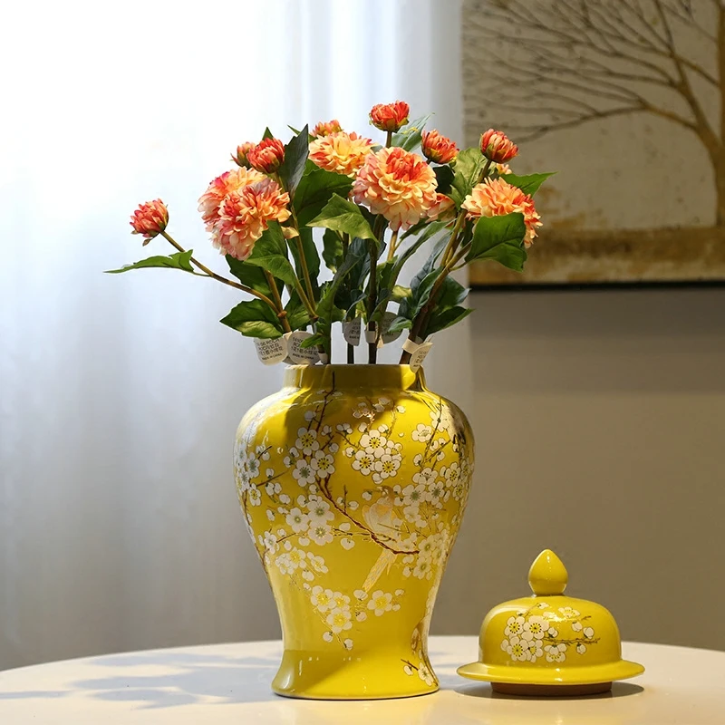 Flower Vase Yellow Temple Jar, White Plum and Bird Print, Decorative Designer, Large Ginger Jar, Tree Floral Ceramic Lidded