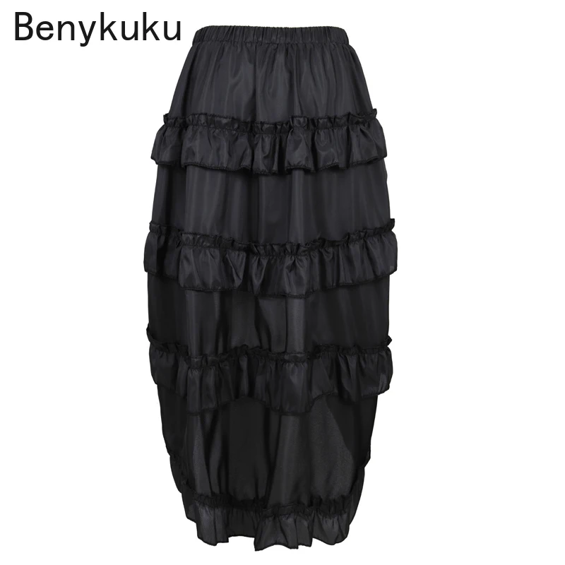 Women Vintage Gothic Steampunk Long Skirts Womens Maxi Skirt Ruffles Pirate Skirt Plus Size Costume Black High Low Dancing Skirt