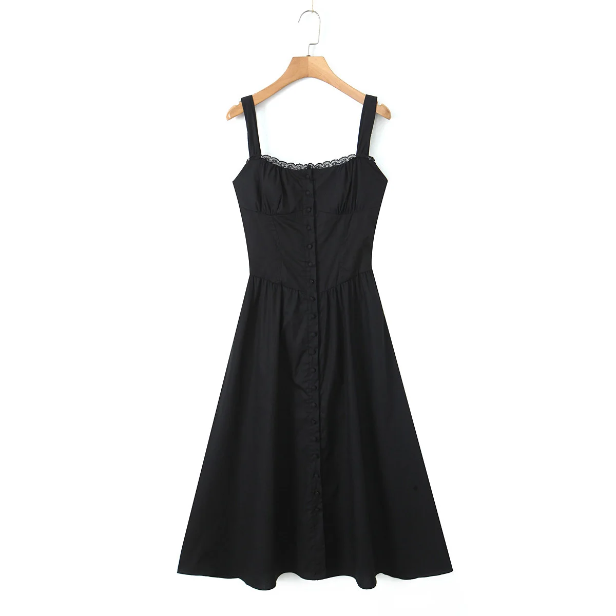 Withered French Minimalist Lace Single Dress Women Breasted Tank Dress For Ladies Patchwork Black Elegant Summer