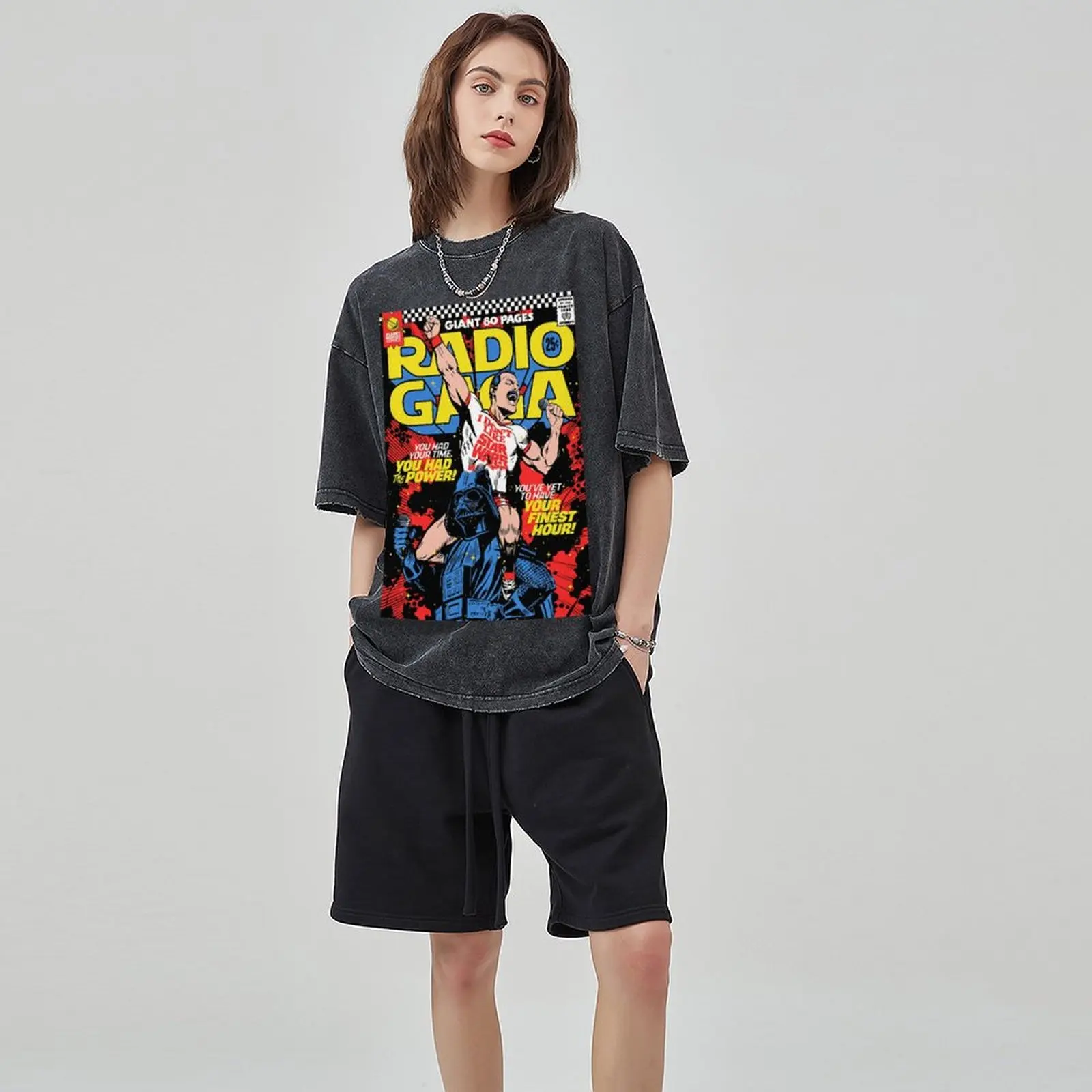 Rock Man Graphic Printed Washed T Shirt For Men, Y2K Streetwear Harajuku Short Sleeve Sweatshirt, Unisex Casual Loose T-Shirts