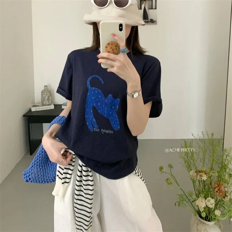 

Y2K Streetwear Cartoon Oversized Cat Pattern T-shirt Women's Retro Gothic Loose Round Neck Harajuku Pullover Top For Men