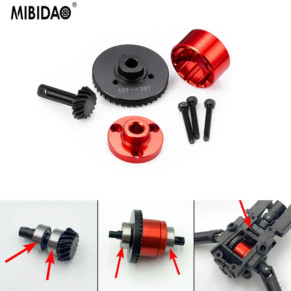 MIBIDAO Aluminum Alloy 39+15T Helical Gear Axle Differential Gears Ring Pinion for 1/16 RC Crawler Car Mini E-REVO Upgrade Parts