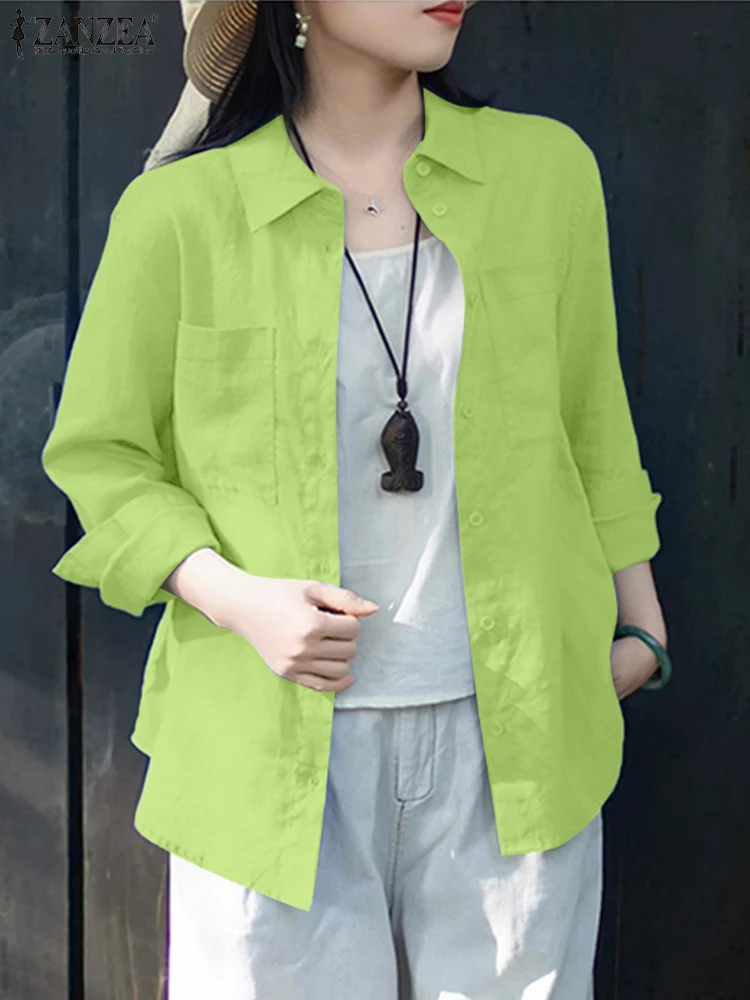 ZANZEA Dames Casual overhemden met kraag Street Fashion Lange mouwen Button Up Chemise Femme Oversized katoenen effen kleur Overshirts