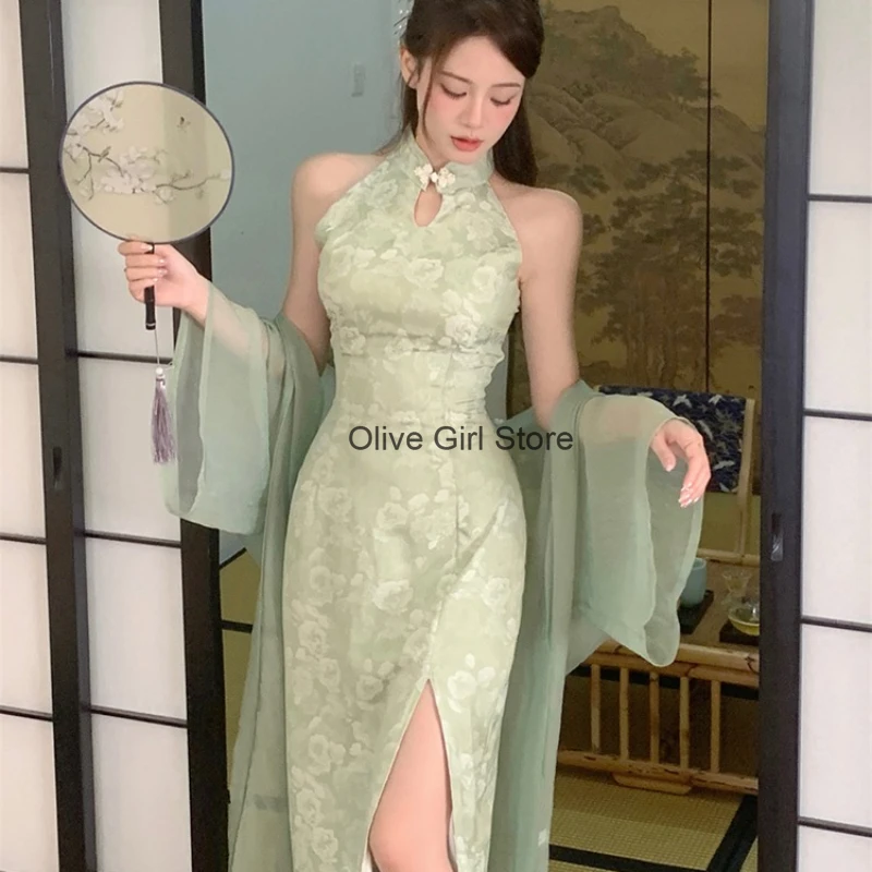 

New Chinese Style Qipao Dress for Women's Clothing Summer 2024 Waist Slim Mid Length Standing Neck Dress Cheongsam