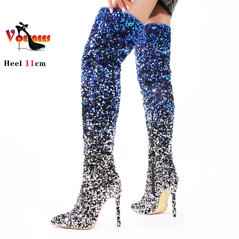 Shoes For Women Shiny Gradient Sequin Stretch Boots 11CM Over-the-Knee Boots 2024 Spring/Autumn Pointed Toe Zipper Long Boots