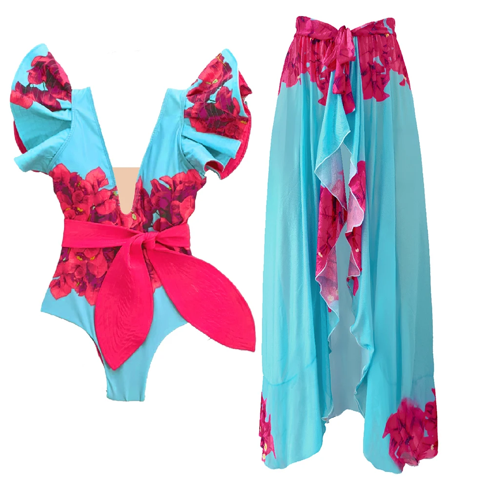 2025 2PC Ruffle One Piece Swimsuit with Cover Up Sexy Swimwear  Women Print Monokini Push Up Swim Suit Print Bathing Suit Beachw image 5