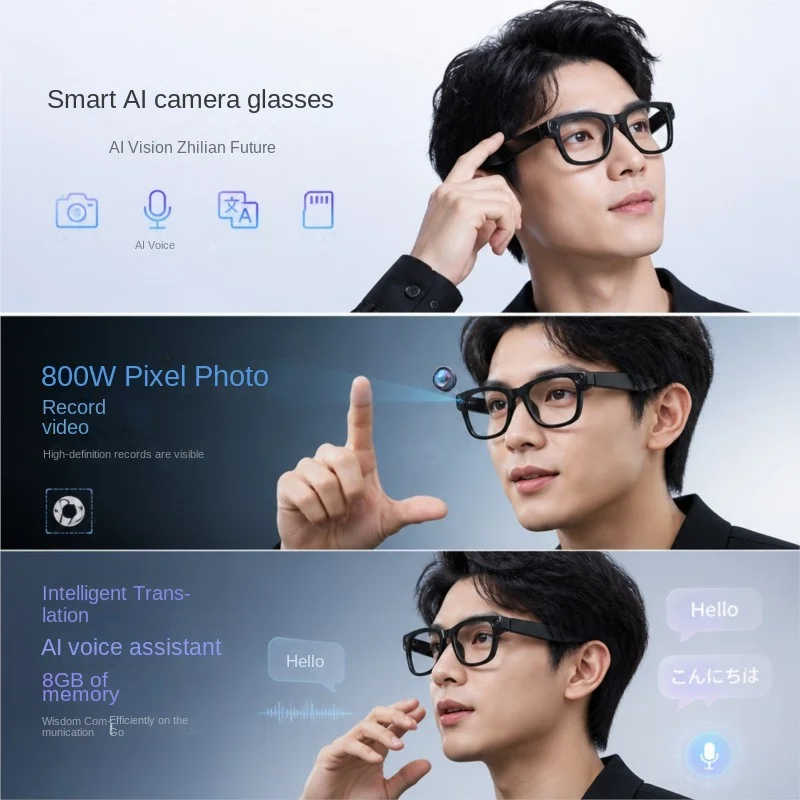 AI Smart Glasses With 800W Pixels And 8GB Memory For Taking Photos Recording Videos And AI Object Recognition And Translation