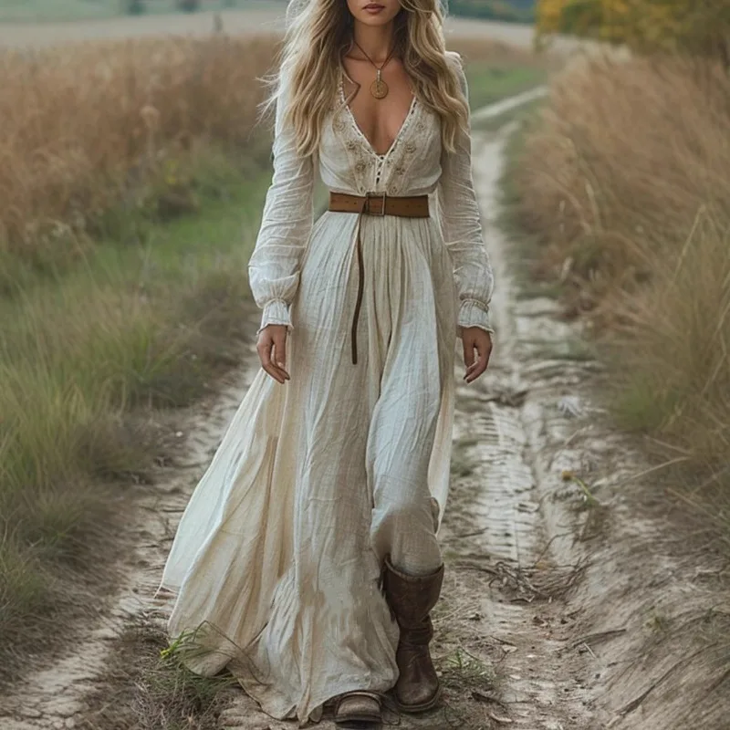 

2025 New Women's Bohemian Vintage Lace Elastic Waist Large Swing Dress, Rural Style V-neck Long Sleeves