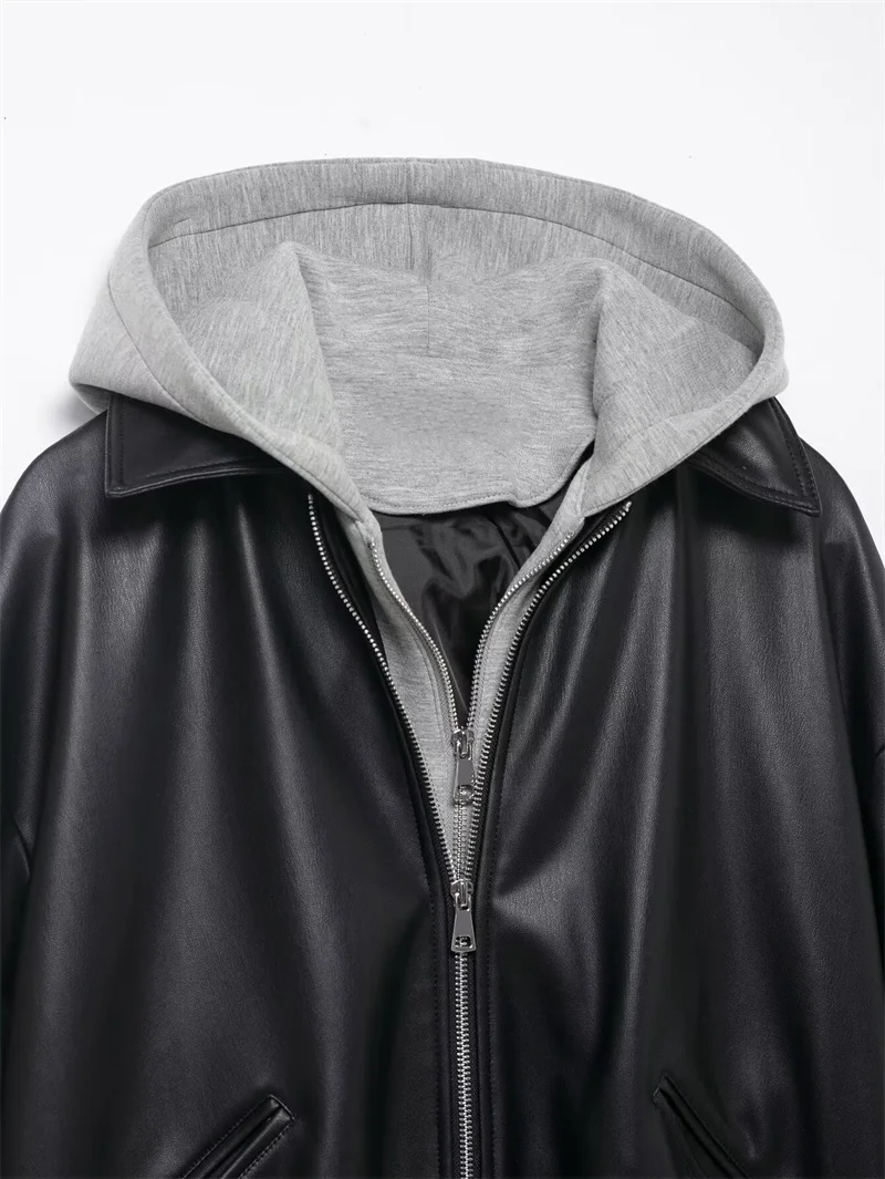 เสื้อแจ็คเก็ตผู้หญิง 2025 รุ่นใหม่ ฤดูใบไม้ร่วง สีดำ แขนยาว หนังเทียม แต่งผ้าแบบแพทช์เวิร์ค สไตล์ไบค์เกอร์ ทันสมัยและแฟชั่น