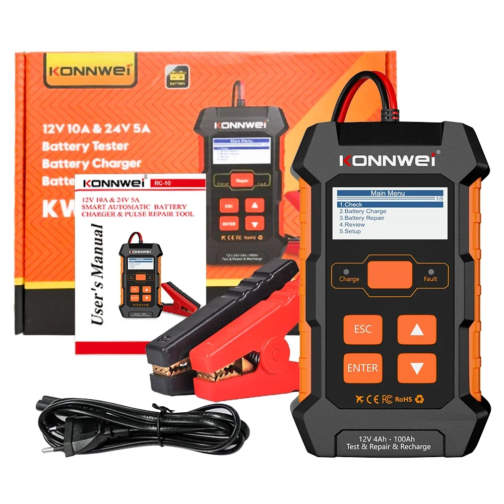 KONNWEI KW520 12V 10A 24V 5A Automatic Car Battery Pulse Repair Tool AGM Gel Lithium Car Truck Battery Tester And Chargers Lead