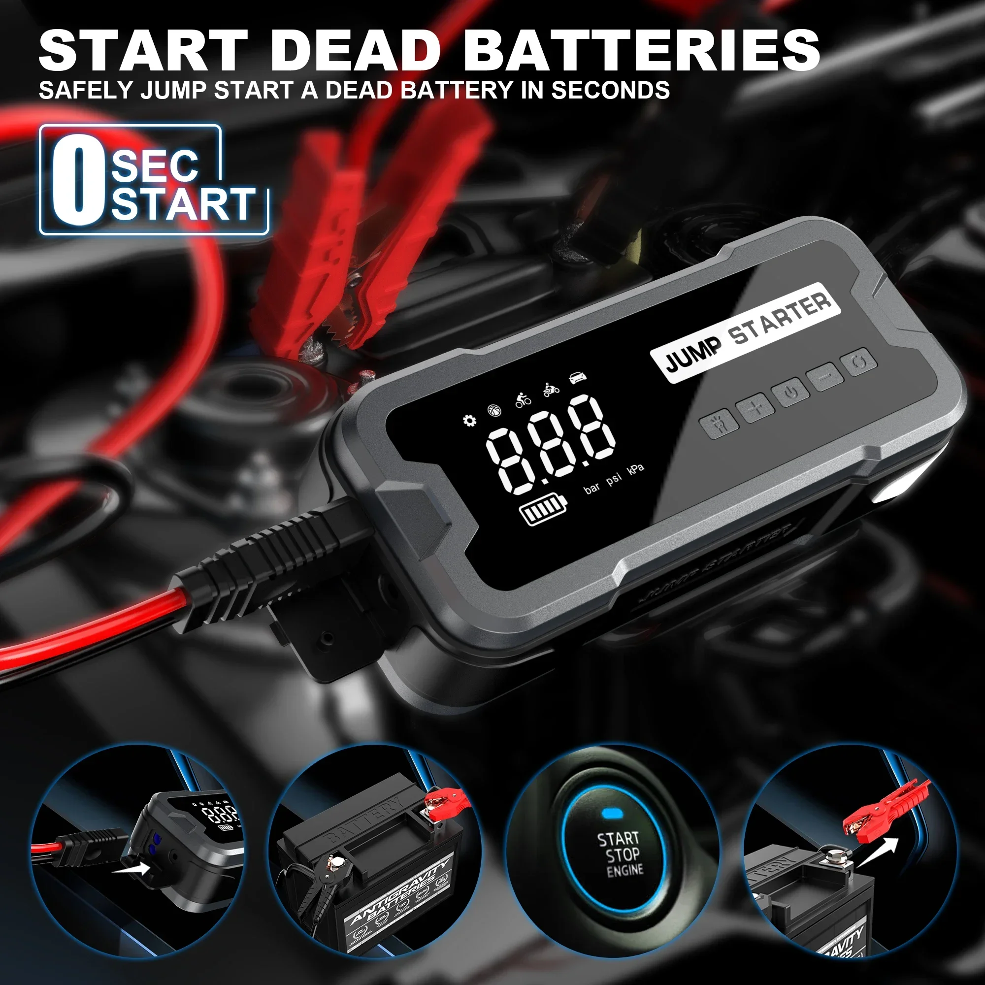 High Quality Car Accessories 12v Dc Auto 24000mah Lithium Battery Fast Inflate Pump Tire Inflator Jump Starter With Led Light