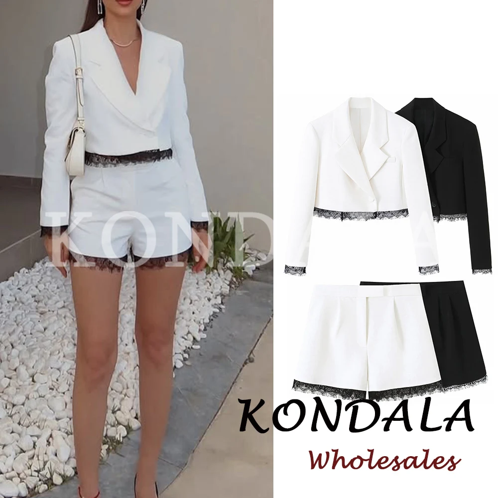 

KONDALA Vintage Solid Spring Women Fashion 2026 Lace Suit Button Short Blazer+Zipper Pockets Shorts Chic Casual Female Slim Set