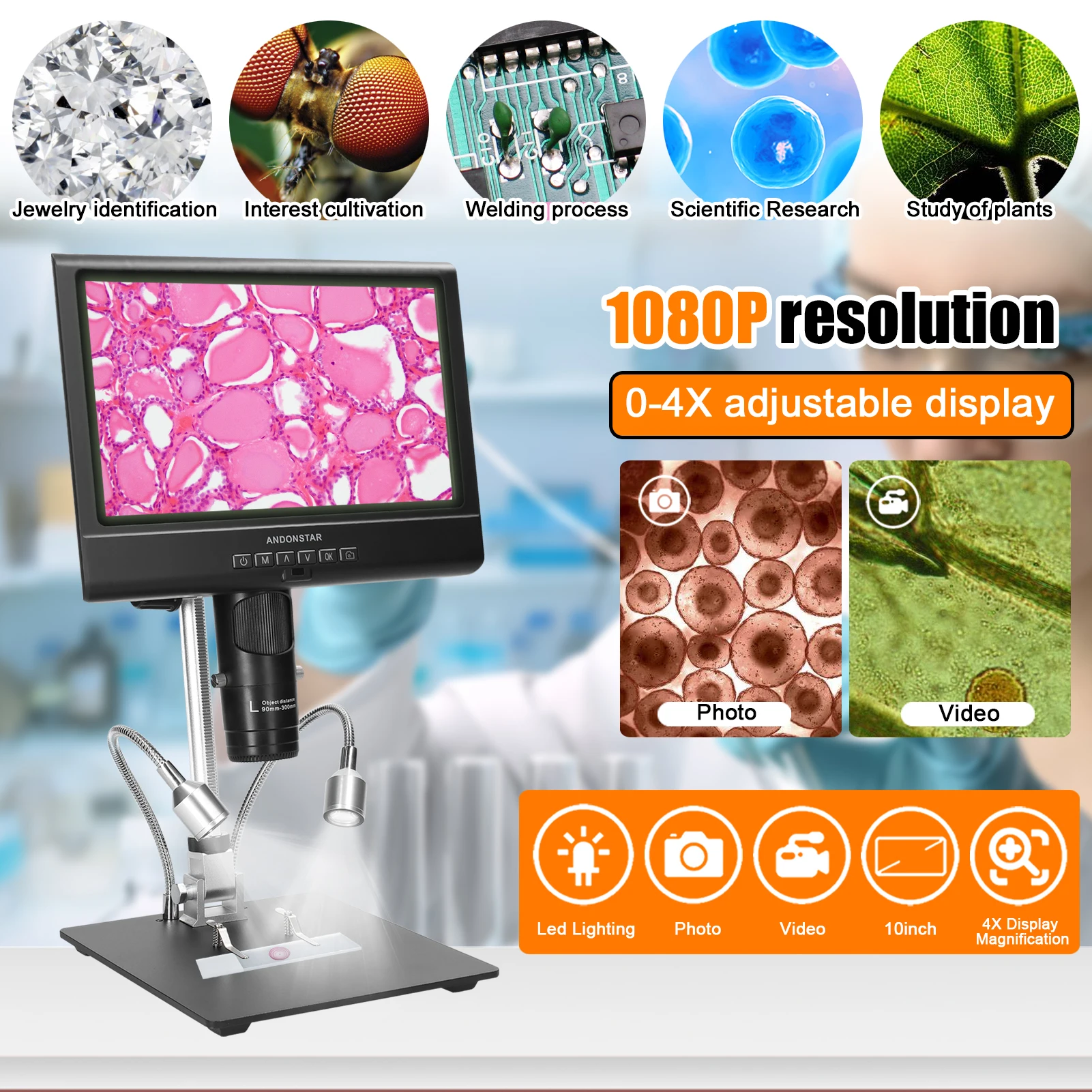 AD209 Digital Microscope 1080P 10inch LCD Display 4X Display Magnification Soldering Microscope Welding Maintenance Workbench