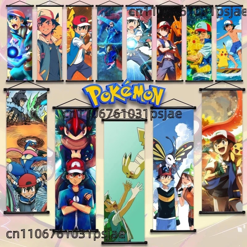 Pokemon Ash Ketchum & Pikachu Anime Art Fabric Wall Poster Hanging Scroll for Bedroom Gaming Room Decor Gift