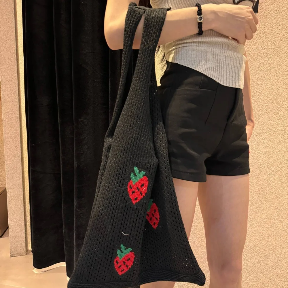 Printed Strawberry Crochet Shoulder Bag Large Capacity Handbag Knitted Crochet Bag Commute Underarm Bag Knitting Tote Bag Girls