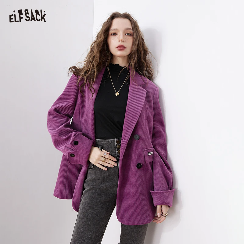 

ELFSACK Purple Corduroy Blazer Women Oversized Double Breasted Jacket Autumn Winter Streetwear Casual Office Wear Fashion Top