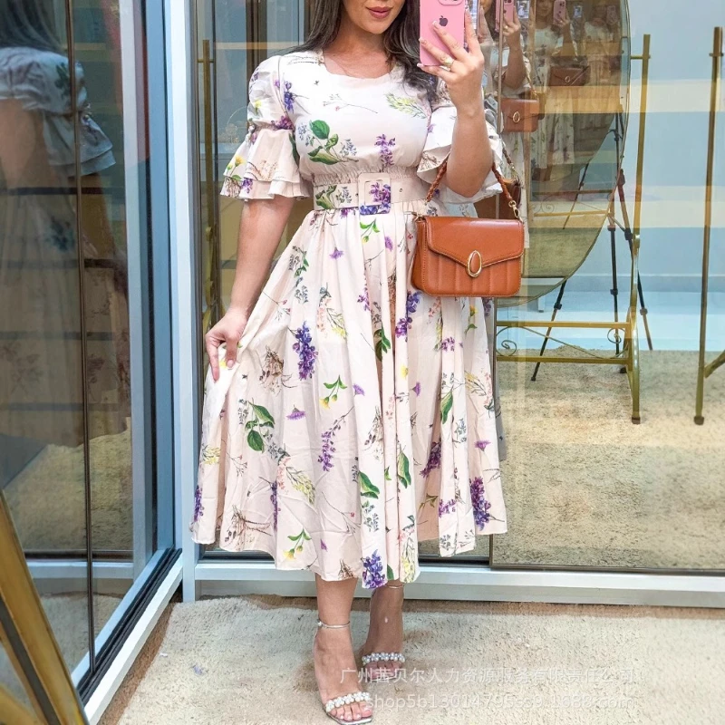 

Dress Women Long Dresses Print Floral A Line Vestidos Streetwear High Waist Belt Short Sleeve Ruffles Elegant Splice Y2k Summer