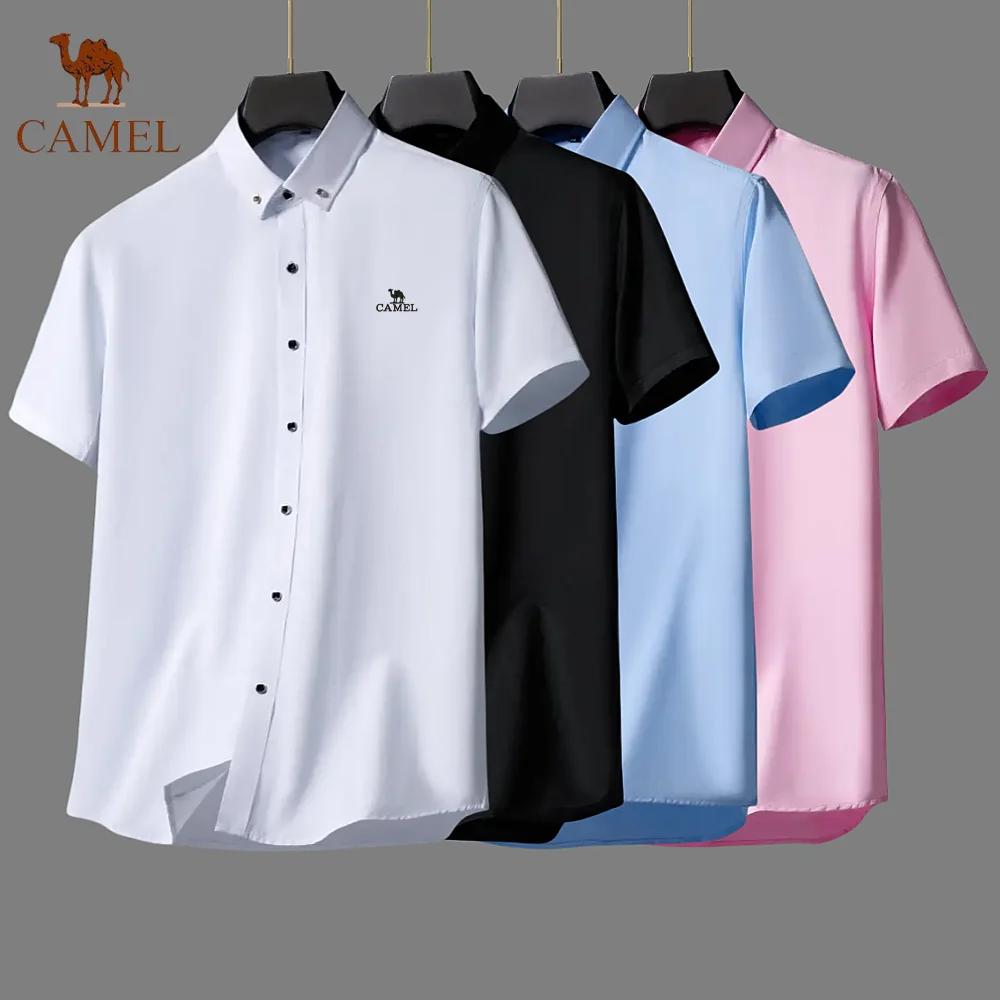 

CAMEL embroidered shirt men's casual short sleeved shirt casual street style collar button shirt summer men's solid color top