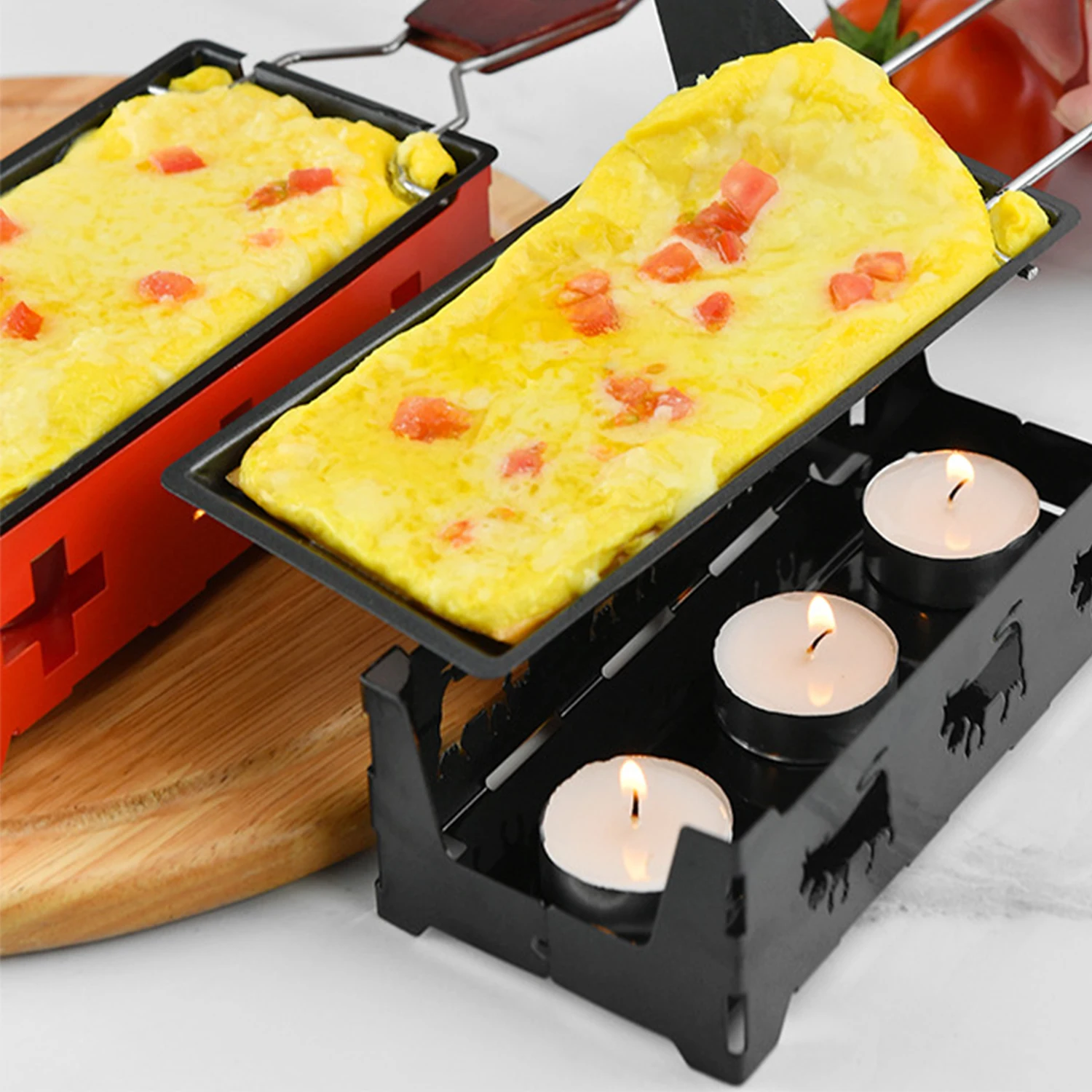 Juego de parrilla de Raclette antiadherente, sartén para fundir queso con espátula, mango de madera plegable, Raclette de queso derretido, cocina de acero al carbono