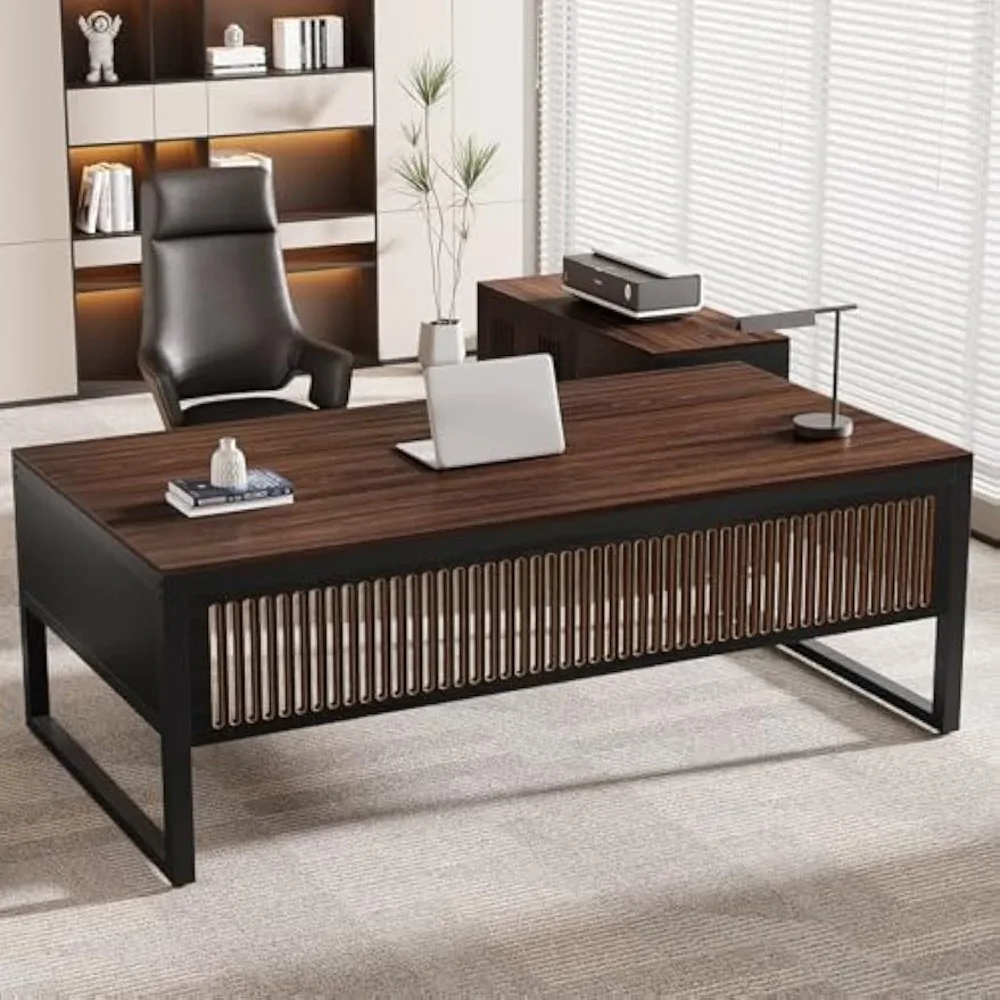 

"Large 63" Modern L-Shaped Office Desk with Mobile File Cabinet and Door"