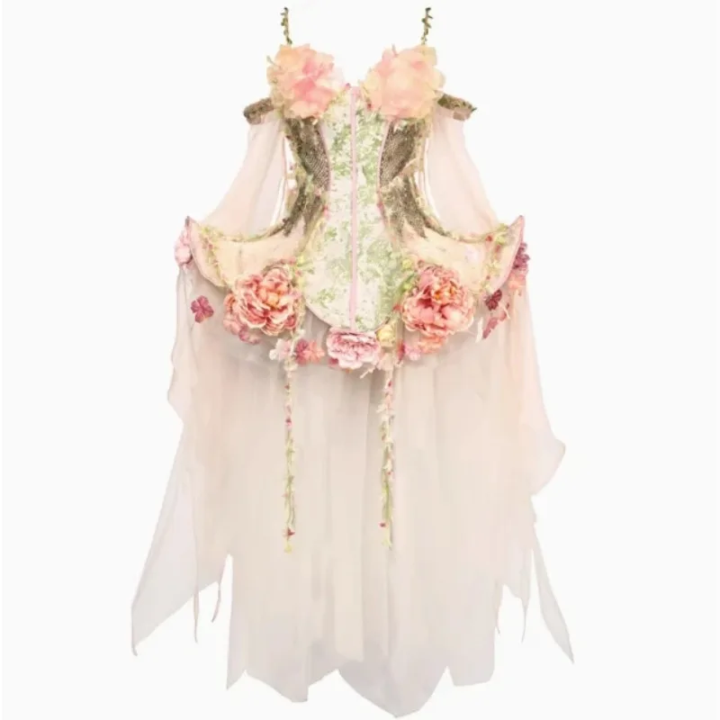 Elf‑Style Spring Forest‑Fairy Dress, Spirit‑Flower Fish‑Bone Corset Gown for Photoshoot Theme Party Cosplay Dress‑up