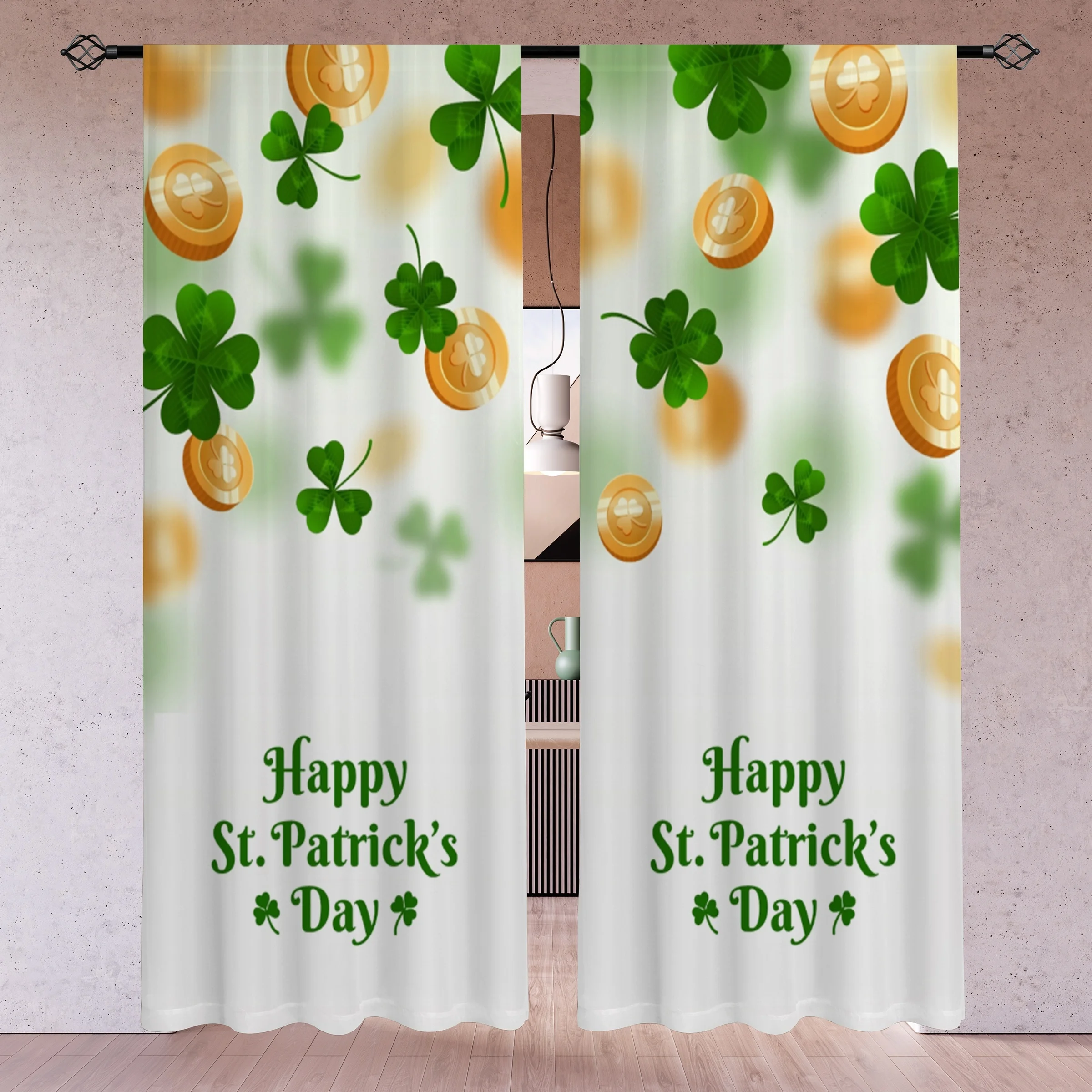 St Patrick Day Curtains Green Gold Clover Shamrock Window Curtain Panels Festive Irish Holiday Decor Seasonal Window Treatment