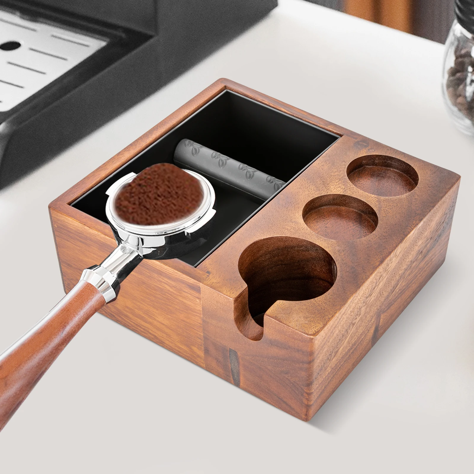 Espresso Knock Box and Tamping Station Coffee Machine Accessories Wooden Tool Storage Boxes for Tamper Distributor 58mm